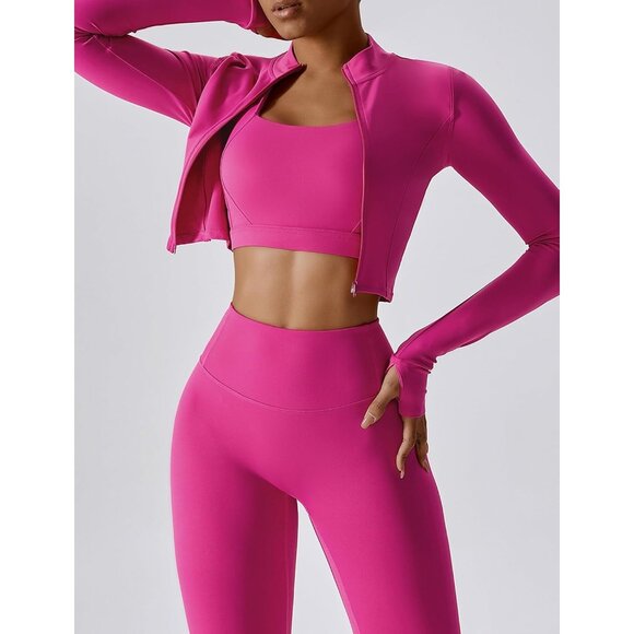 Feoya Womens Pink Slim Fit Long Sleeve Full Zip Workout Crop Jacket For Sports - Picture 3 of 6